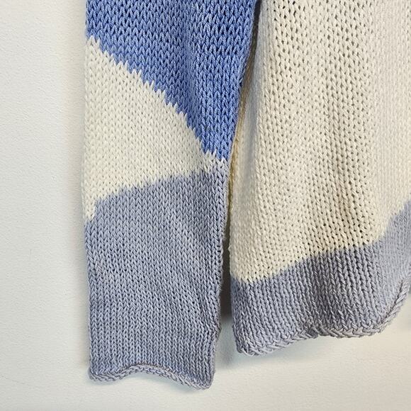 Wooden Ships Wavy Print Sweater Size S/M Blue Open Knit Nautical Coastal Chic - Picture 4 of 12